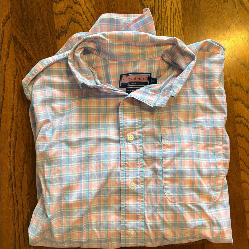 Vineyard Vines Men's Light Blue and Pink Plaid Shirt